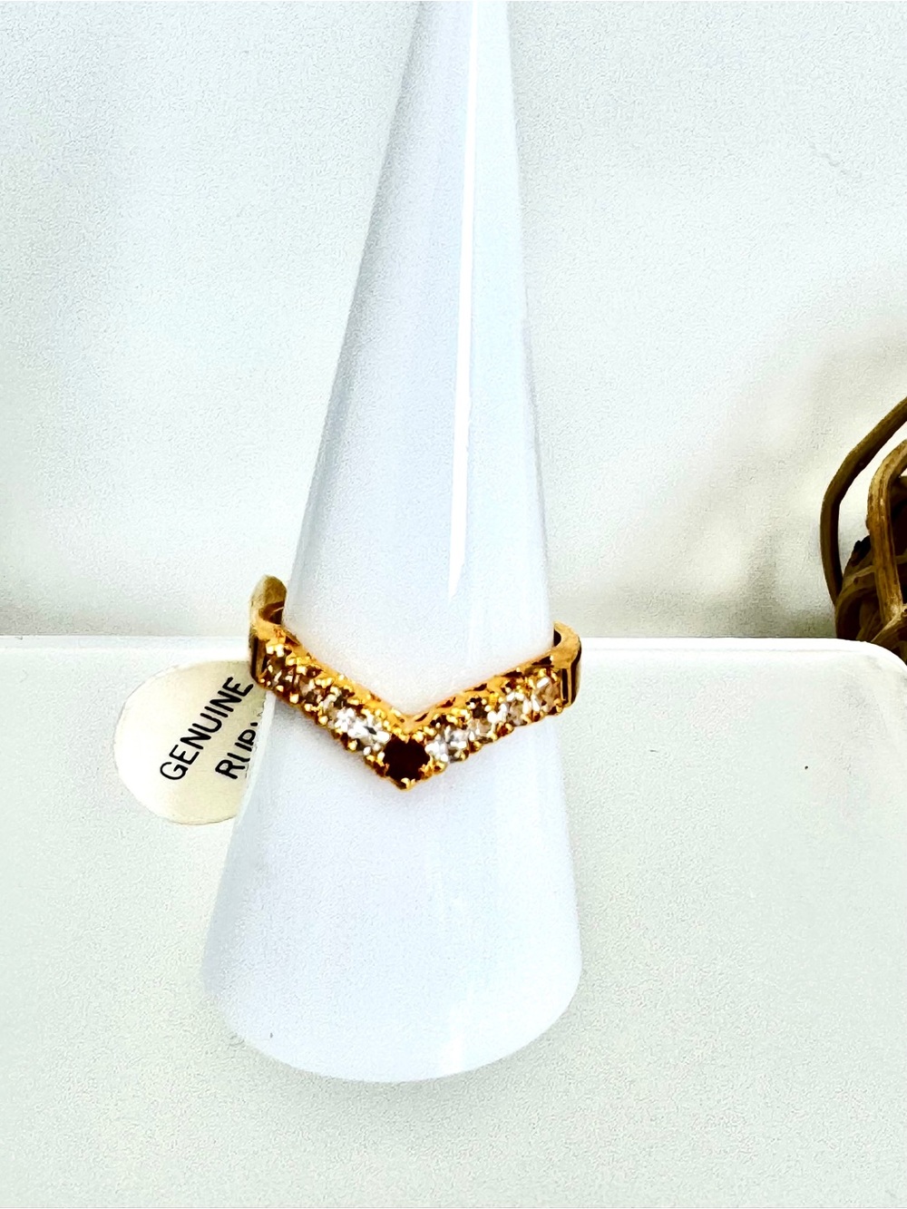Vintage Taiwan Signed Gold Electroplate Chevron Ring Genuine Ruby Accent Size 8